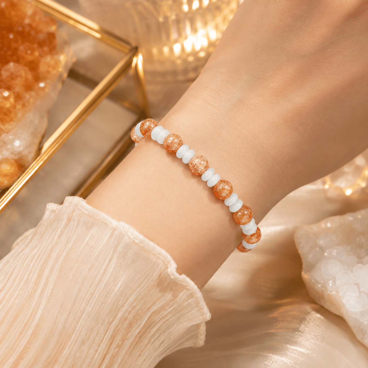 Warm Orange Gradient Exploding Flowers Glass Bead Bracelet, Casual Style